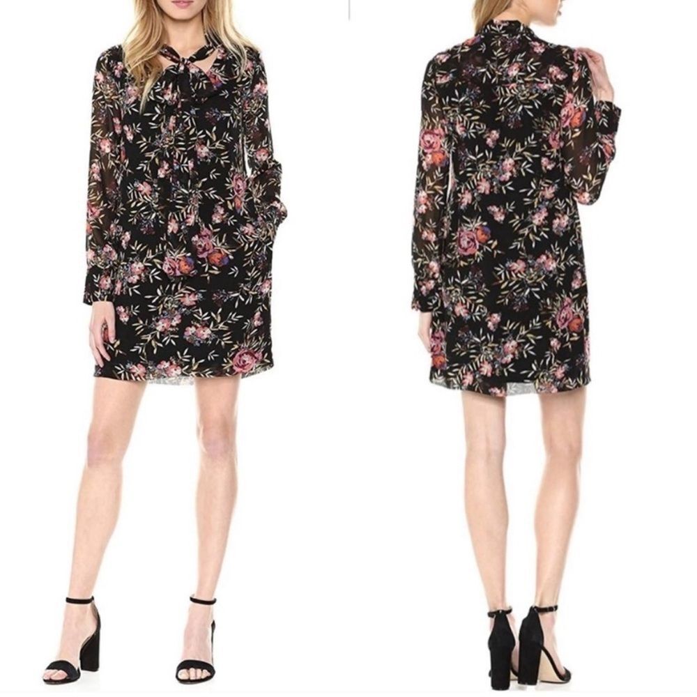 Rachel Rachel Roy Tie Neck Black Chiffon Sheer Sleeve Floral Mini Dress Size 4